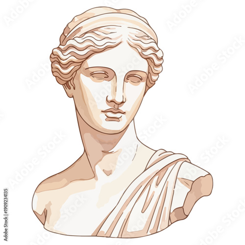 An illustration of a classical female bust sculpture with a serene expression on a black background, reference 4.