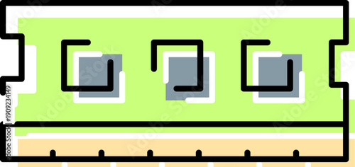 Green ram module illustration showing computer memory chip and circuitry on white background, representing hardware, data storage, processing, and digital technology for pcs and servers