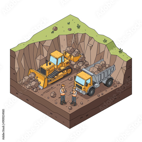Construction Site with Bulldozer and Dump Truck Excavating Earth.