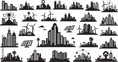 City Skyline with Renewable Energy and Modern Buildings Icons