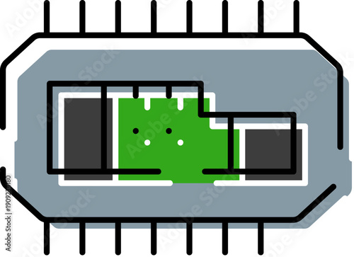 Electronic microchip icon illustrating a cpu or processor with pins, representing digital technology, hardware components, computing power, and advancement in semiconductor design for modern devices