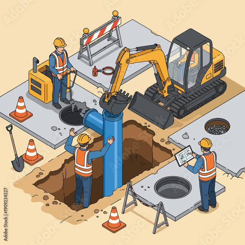 Construction workers repairing underground water pipe system.