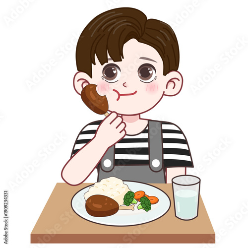 A girl in striped shirt eating 50 meal with meat rice and vegetables.
