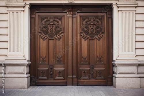 Ornate carved double wooden doors with decorative pillars creating a grand entrance