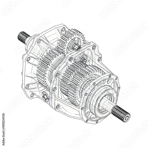 Detailed technical drawing of a complex industrial gearbox mechanism.