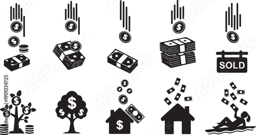 Money and wealth concept with various financial icons shown