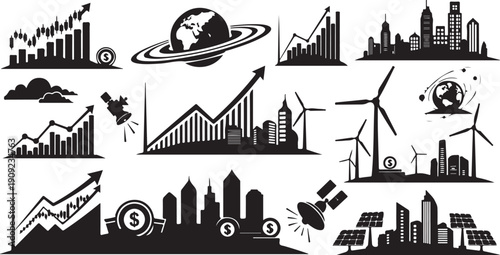 Black and white cityscape with eco friendly business icons
