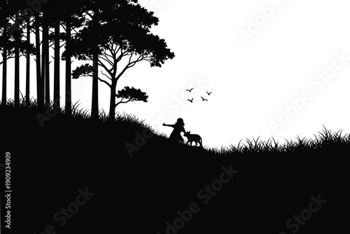 Silhouette of a person and dog in a serene forest landscape at sunset