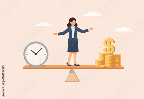 Time and money balance, weight between work and life, long term investment or savings, control make decision concept, cheerful business woman balance between time clock and dollar money on seesaw