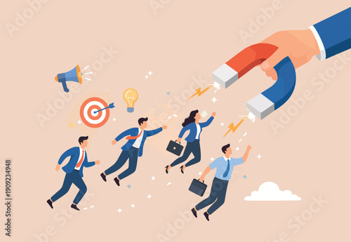 HR, Human resource recruiting candidates or talents, marketing to attract or draw new customers or leadership and charm concept, big employer hand using magnet power draw new people employees.