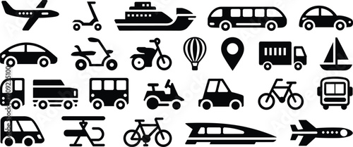 Black silhouette illustrations of multiple transportation vehicles including cars, buses, trains, airplanes, boats, bicycles, and scooters, isolated vector icons for travel graphics, mobility design, 
