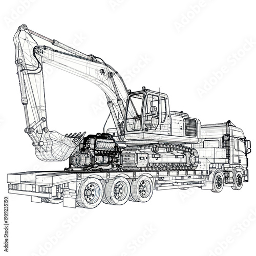 Detailed wireframe illustration of a heavy excavator loaded on a flatbed truck.