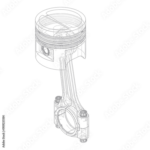 Detailed Wireframe Illustration of a Piston and Connecting Rod Assembly.