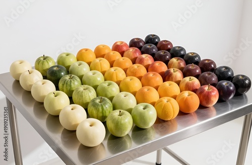 Color-coded fruits and vegetables on stainless steel table
