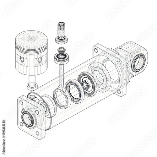 Exploded view of a mechanical component with piston and bearings.