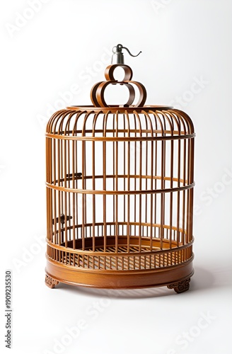 Intricate wooden birdcage on white background