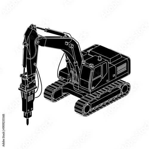 Heavy Duty Excavator with Hydraulic Breaker Attachment for Demolition Work.