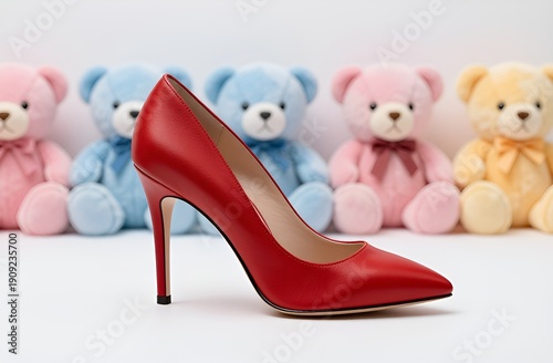 Red high-heeled shoe with pastel teddy bears