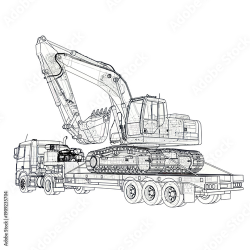Heavy Excavator Machine Transported on a Flatbed Truck Wireframe Illustration.