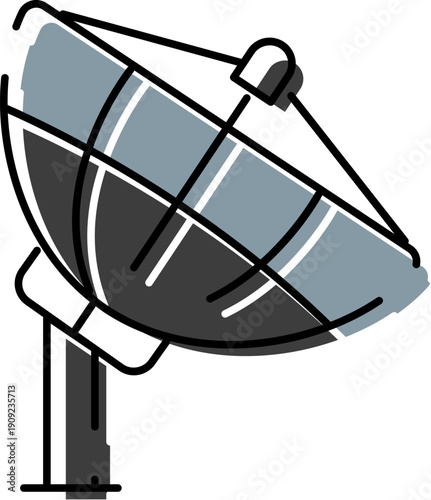 Satellite dish illustration representing global communication, broadcasting, and telecommunications technology, connecting people and transmitting data across distances