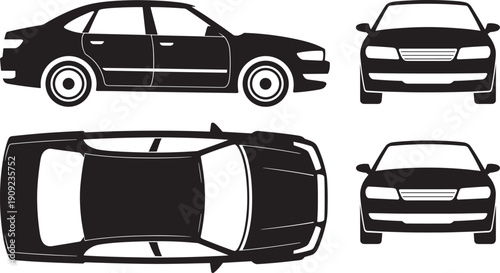 Set of four black and white car silhouette illustrations showing side, front, rear, and top perspectives for automotive design, vehicle orientation, transport graphics, and instructional materials
