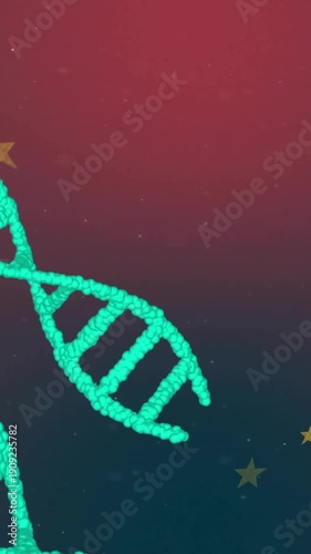 Vertical video: Teal dots emerging into spinning DNA helix for visuals, gold stars popping by tip