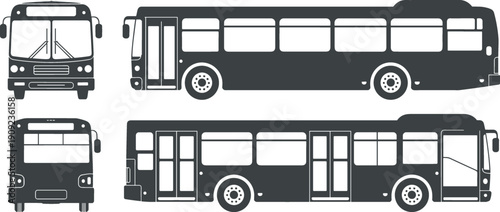 Set of public city bus silhouettes with front side and back views isolated on white background for transit maps urban transport and vehicle mockups.