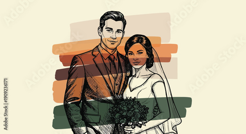 Stylized sketch of a smiling wedding couple with color accents