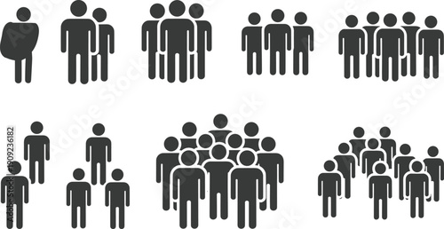 Set of people group icons showing different crowd sizes, flat black human silhouettes isolated on light background vector illustration for social network concepts