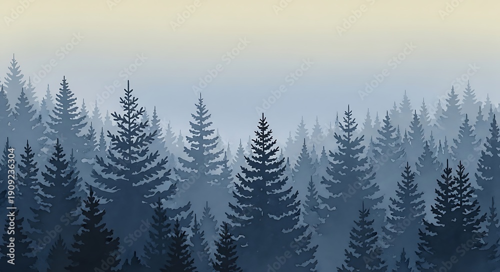 Obraz premium Misty forest landscape with tall evergreen trees at dawn or dusk