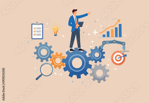 : Process and workflow optimization, work improvement or increase productivity, efficiency or automation system, solve problem or solution concept, businessman gear, cogwheels optimize process