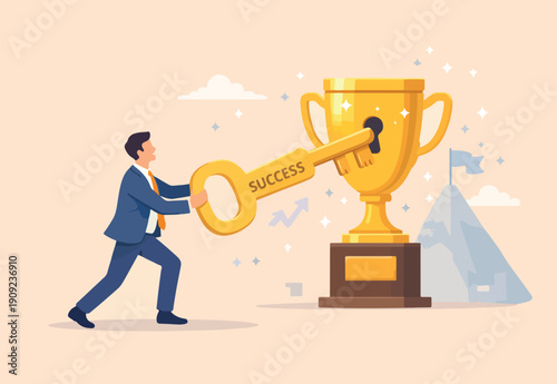  Unlock key to success, solution to achieve winning opportunity, chance or challenge, ambition or motivation to succeed in life, hard work, businessman with key success to unlock winning trophy