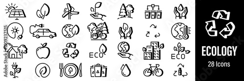 Ecology line icons set featuring environmental protection, sustainability, renewable energy, recycling and green lifestyle symbols