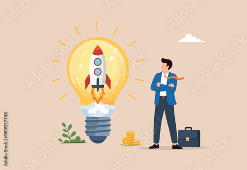 Entrepreneurship, setting up new business, motivation to create new business idea and make it success concept, businessman start company owner standing with innovative rocket inside lightbulb idea.