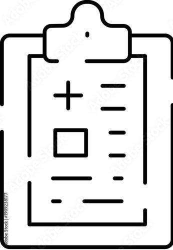 Clipboard presenting a medical document with a cross, text lines, and a checkbox, symbolizing healthcare records, patient history, and clinical diagnosis
