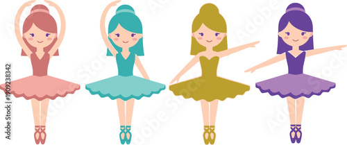 A colorful illustration of four cartoon ballerinas in different poses and dresses
