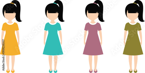 A colorful illustration of four cartoon girls wearing different colored dresses and standing in a row