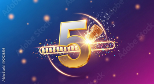 Glowing gold number 5 with sparkles and fireworks on a purple and blue background for celebration and anniversary