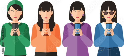 A colorful illustration of four women standing in a row, each holding a smartphone and dressed in vibrant outfits.