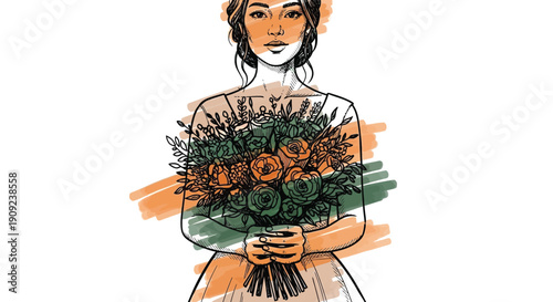 Illustration of a bride holding a floral bouquet with orange accents