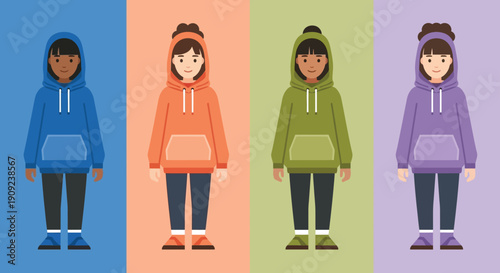 A colorful illustration of four women wearing hoodies in different colors