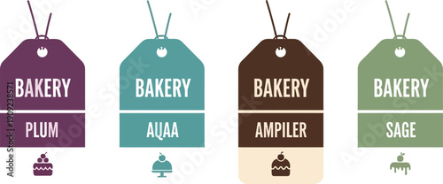 A colorful vector graphic illustration of bakery tags with different flavors and designs