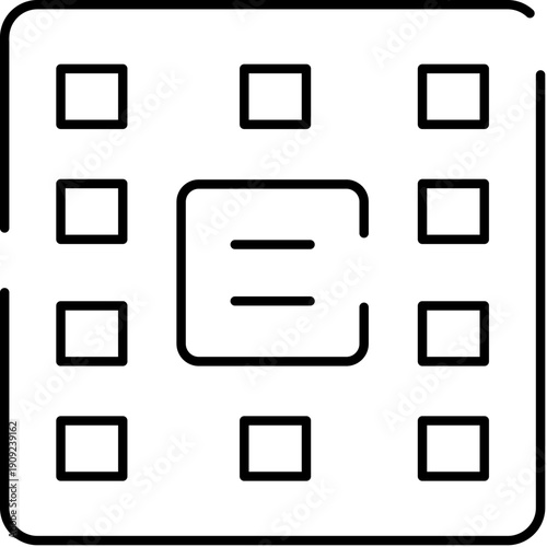 Cpu block diagram with multiple core squares surrounding a central unit, symbolizing processing power, microchip technology, data flow, computing system, circuitry and modern digital design