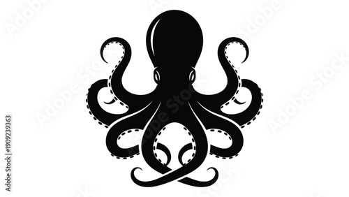 Intricate black and white illustration of an octopus with swirling tentacles isolated on white background, Vector