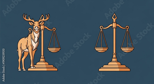 Deer standing beside a balance scale with another scale beside it on a dark blue background symbolizing balance and harmony in nature