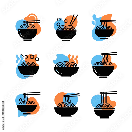 Noodle Bowl Icon Set: Asian Food, Ramen, Udon, Japanese Cuisine, Vector Graphics