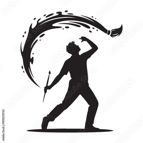 Creative artist silhouette with dynamic paint stroke splash