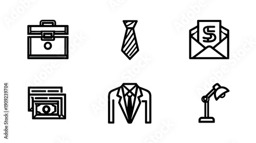 Business and office outline icons set including professional wear, money, documents, communication, and workplace items