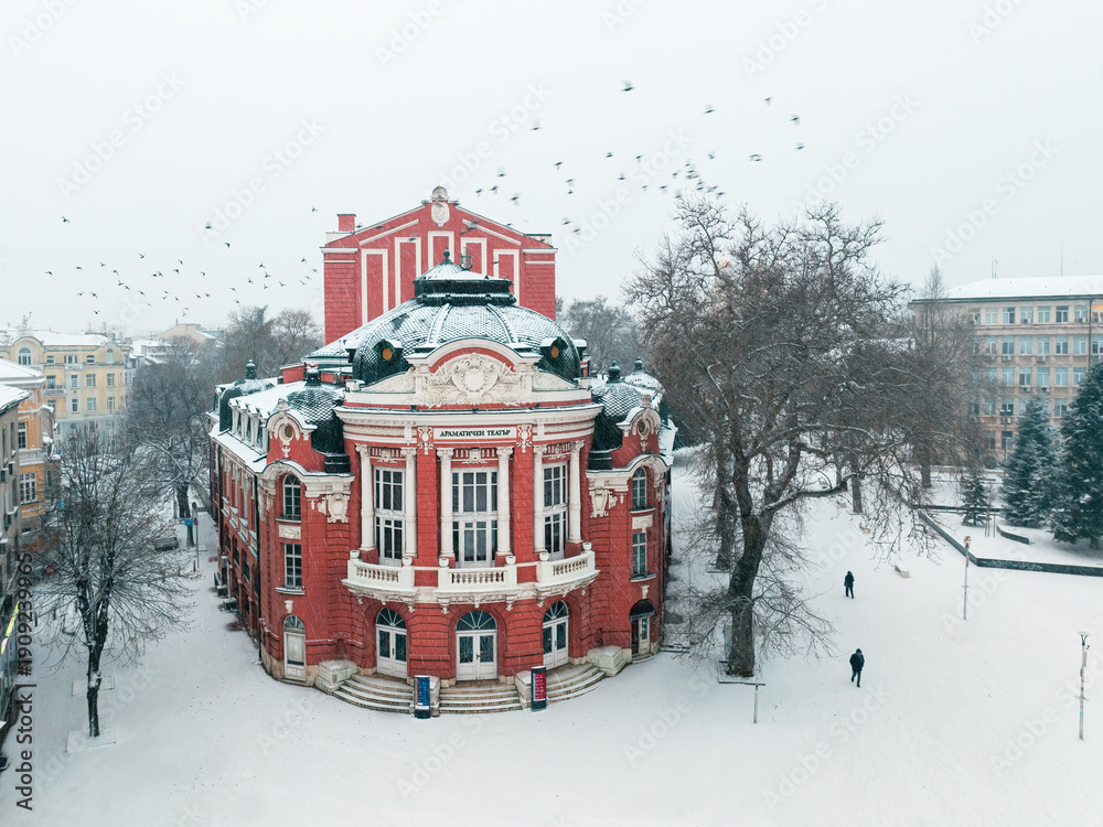 Naklejka premium Historic Building Drama Theater and Opera House in Snowy Covered City Varna, Bulgaria by winter, scenic panoramic cityscape aerial view