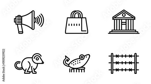 Collection of Business and Education Line Icons: Megaphone, Shopping Bag, Finance, Animal Mouse, Mousetrap, and Abacus Symbol Set